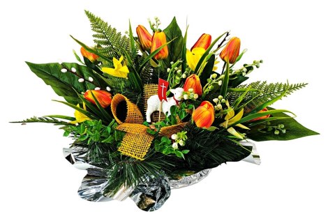 WIELKANOCNY STROIK NA POMNIK WIĄZANKA KWIATY TULIPANY BARANEK NA CMENTARZ