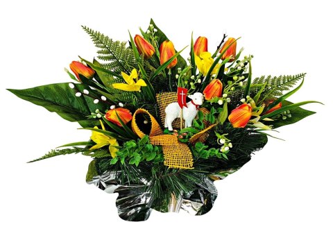 WIELKANOCNY STROIK NA POMNIK WIĄZANKA KWIATY TULIPANY BARANEK NA CMENTARZ