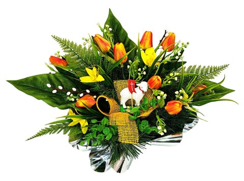 WIELKANOCNY STROIK NA POMNIK WIĄZANKA KWIATY TULIPANY BARANEK NA CMENTARZ